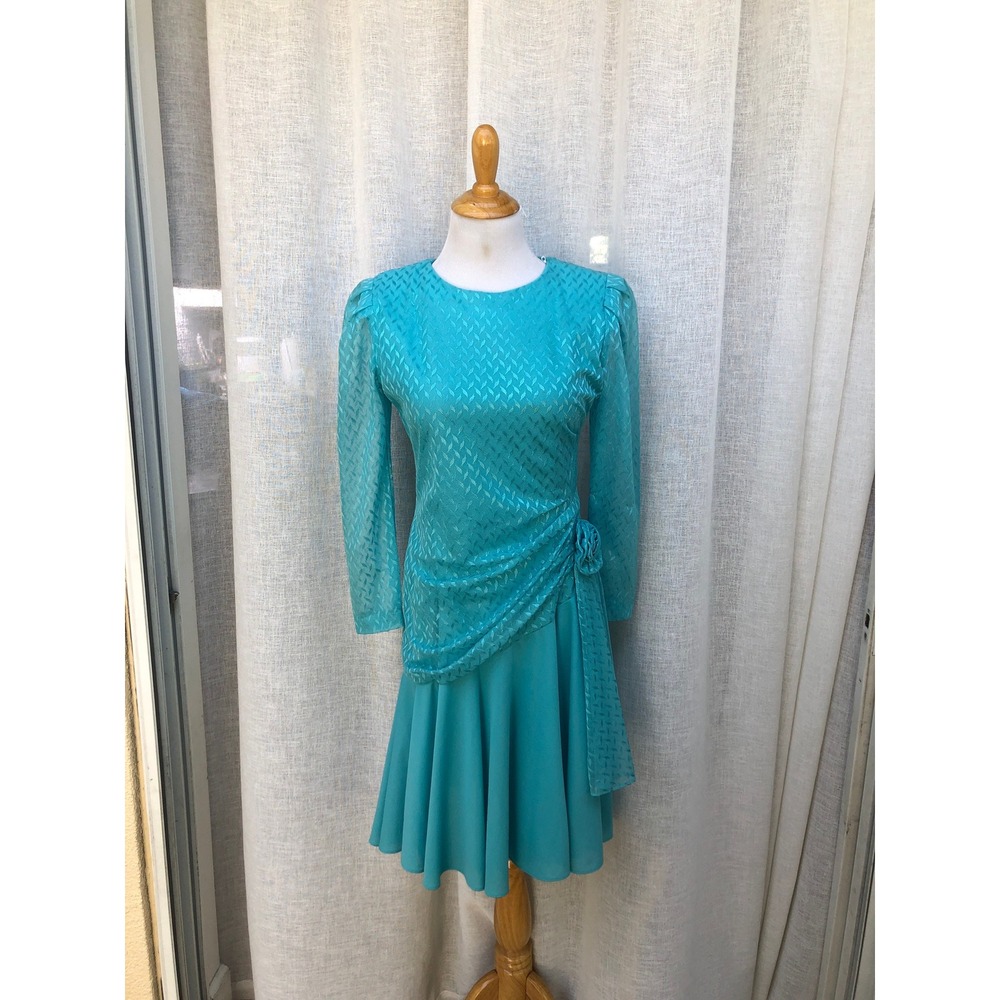 1980s T Fe Blue long sleeve dress with sheer top and padded shoulders